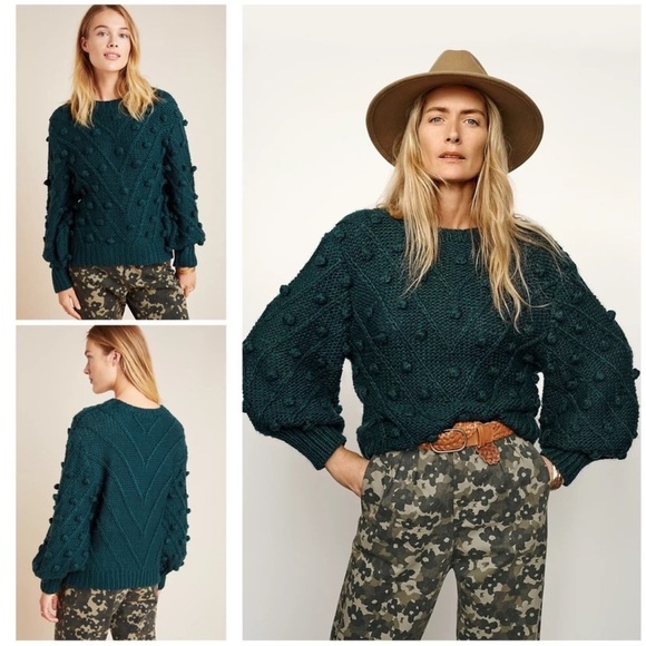 Anthropologie C/MEO Collective Pom Pom Trims Evergreen Women’s Knit Sweater L - Picture 1 of 13